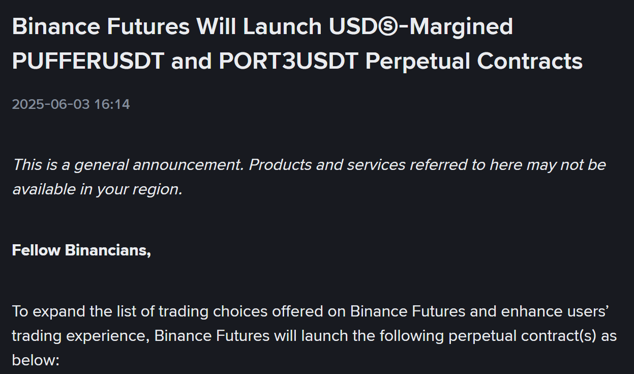 Binance Futures thông báo niêm yết 2 đồng coin vào ngày 3/6/2025 - theo Binance Announcement
