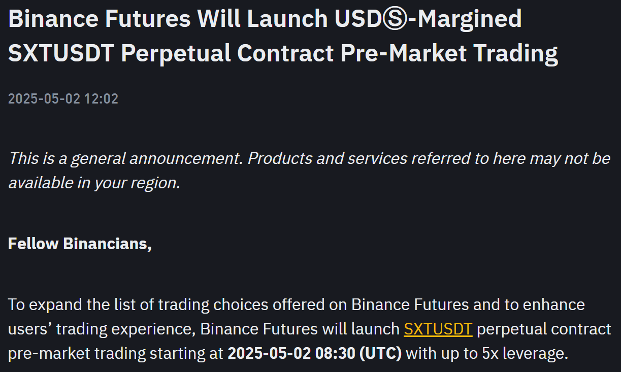 Binance Futures sẽ niêm yết SXT pre-market vào chiều ngày 2/5/2025