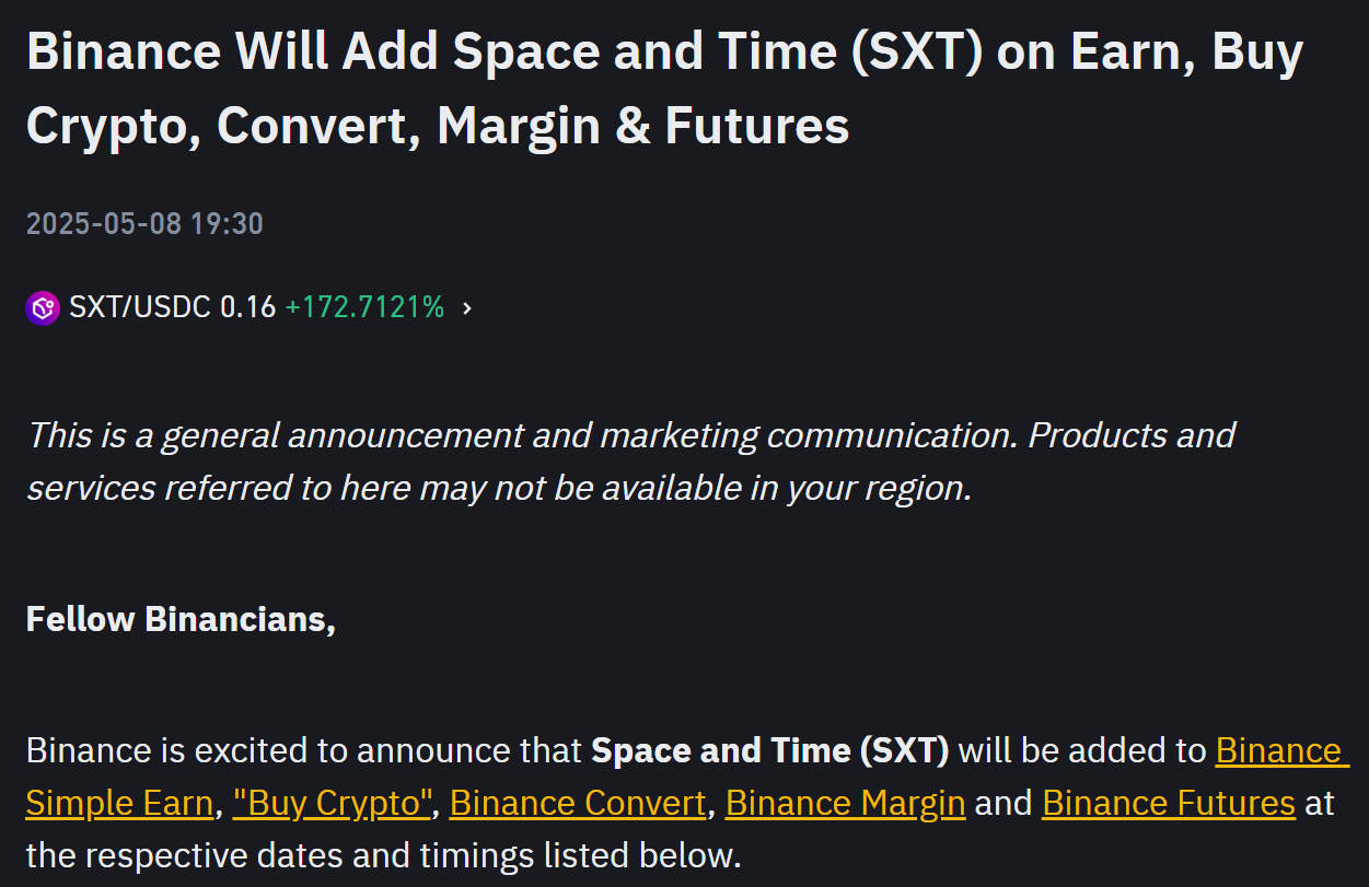Binance Futures sẽ niêm yết SXT pre-market vào ngày 8/5/2025 - nguồn: Binance Announcement
