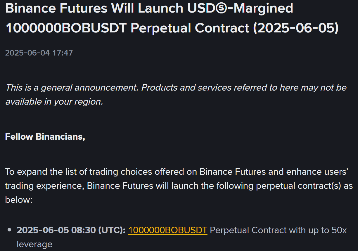 Binance Futures thông báo niêm yết token BOB (LINK) vào ngày 5/6/2025 - nguồn: Binance Announcement