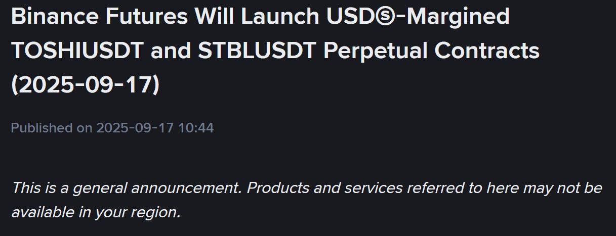 Binance Futures sẽ niêm yết TOSHI và STBL vào ngày 17/9/2025 - theo CoinGecko
