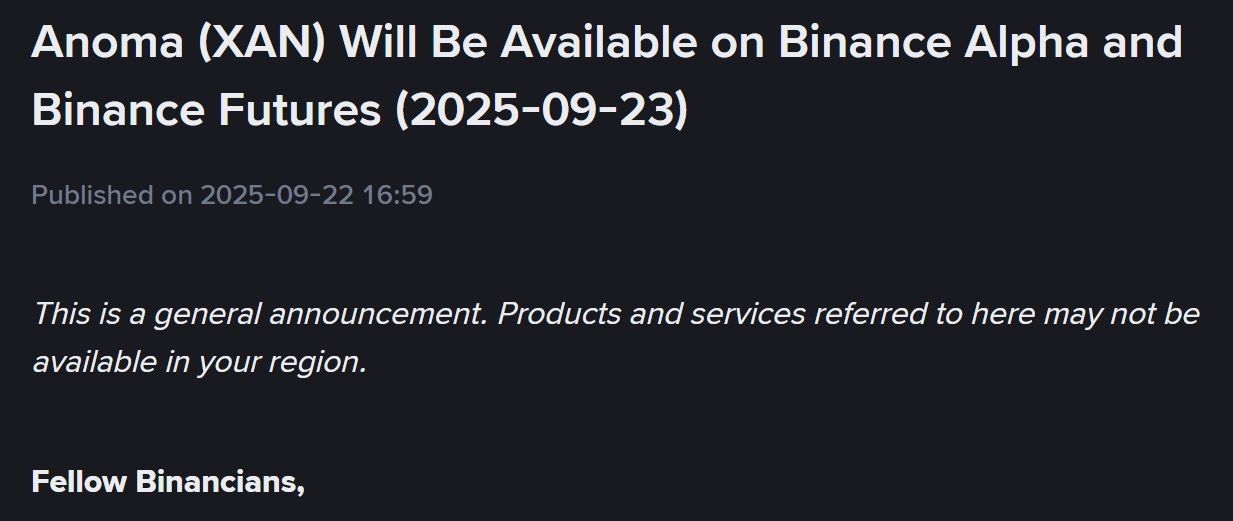 Binance Futures và Alpha đồng loạt công bố niêm yết token XAN (Anoma) vào ngày 23/9/2025 - theo CoinGecko