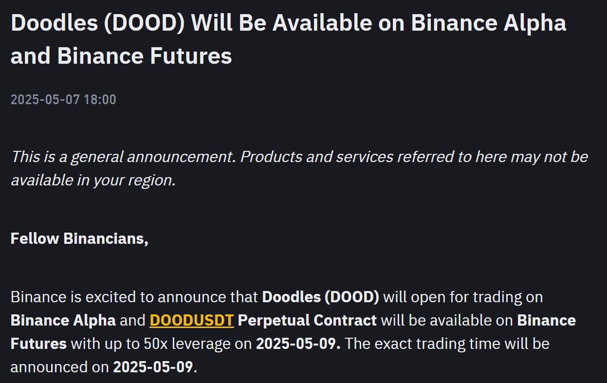 Token DOOD (Doodles) sẽ đồng loạt list Binance Futures và Binance Alpha vào ngày 9/5/2025 - nguồn: Binance Announcement