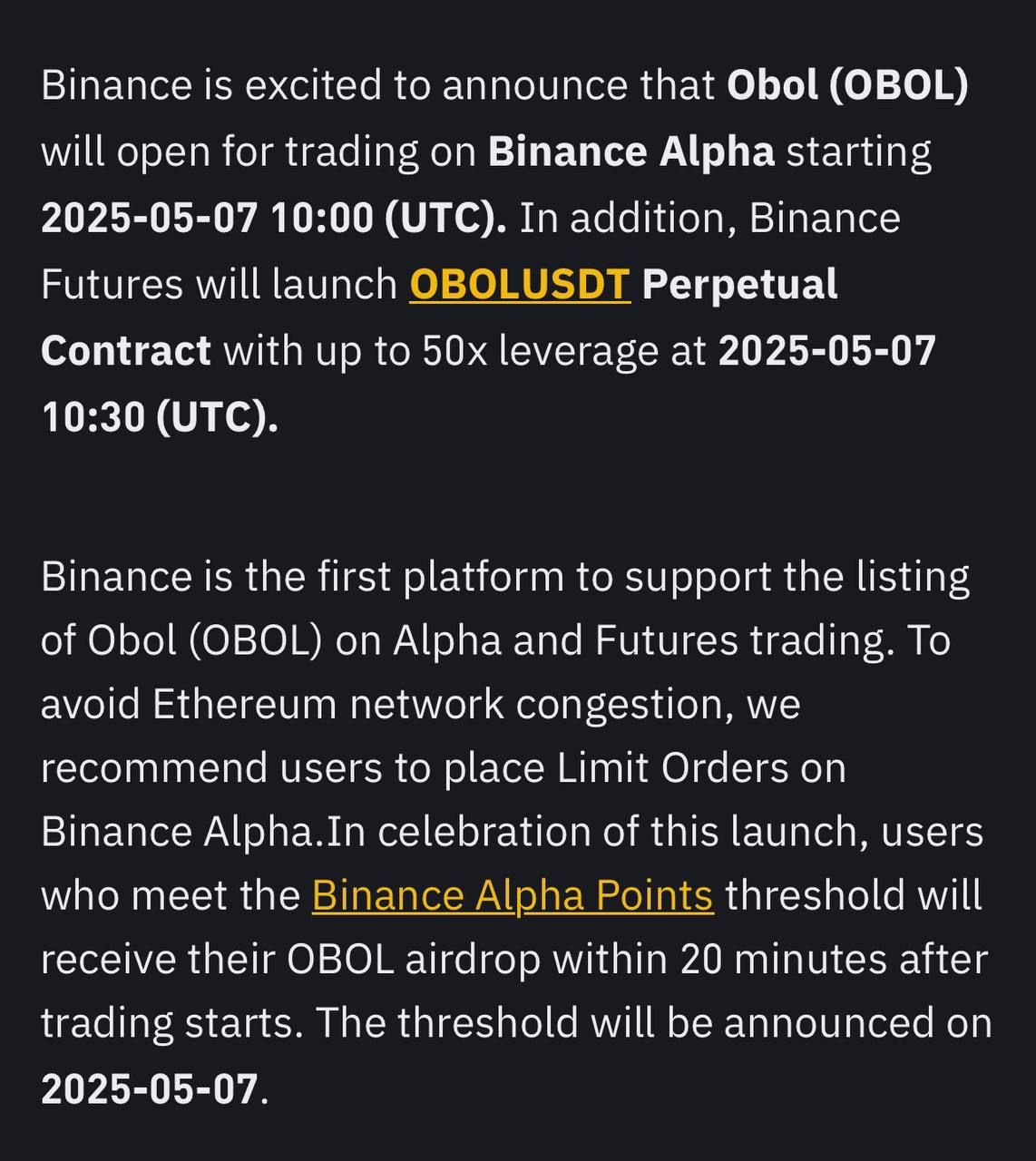 Token OBOL (Obol) sẽ đồng loạt list Binance Futures lẫn Binance Alpha vào ngày 7/5/2025 - nguồn: Binance Announcement