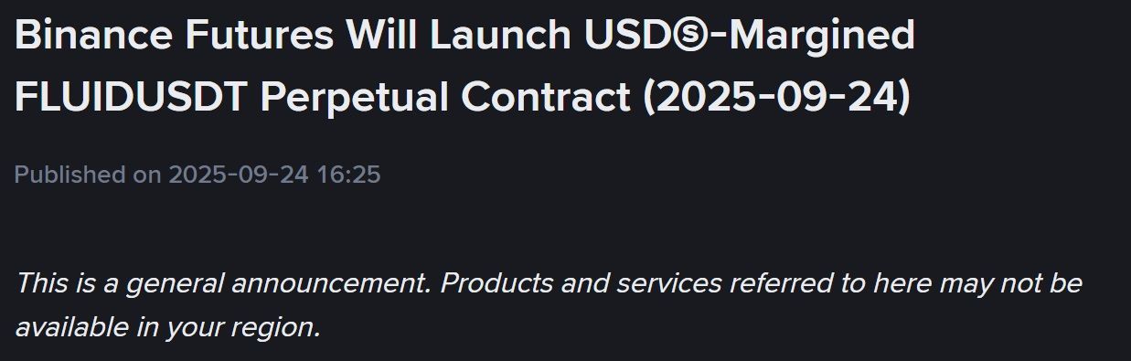 Binance Futures thông báo niêm yết token FLUID vào ngày 24/9/2025 - theo Binance Announcement