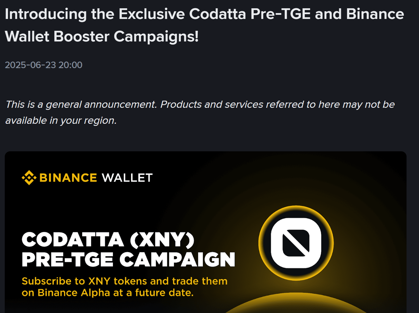 Binance ra mắt kèo Pre-TGE độc đáo đến từ dự án Codatta (XNY) - nguồn: Binance Announcement