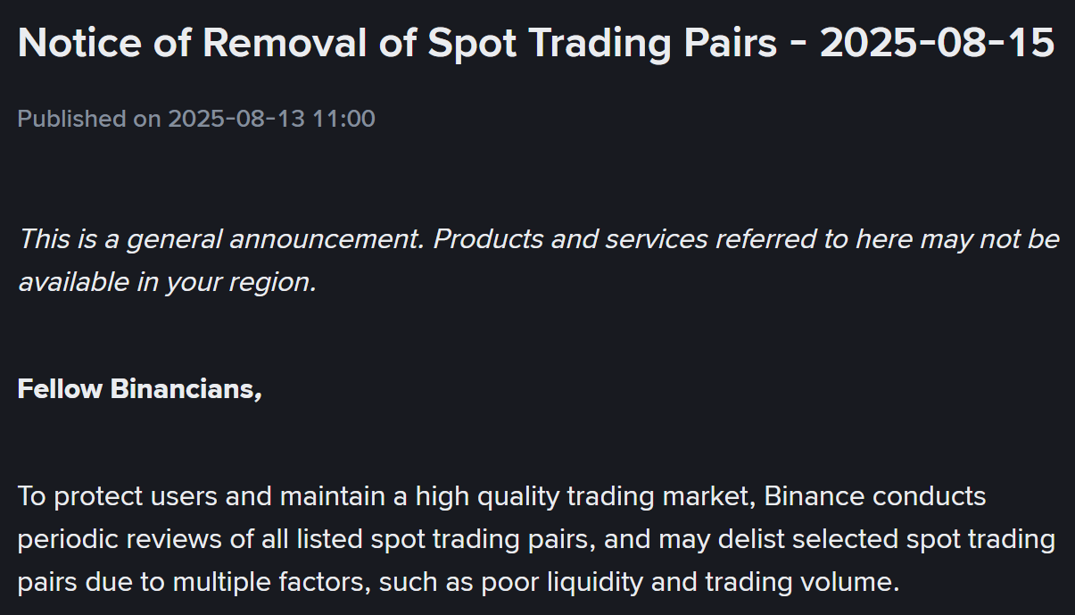 Sàn Binance thông báo huỷ niêm yết 3 cặp giao dịch Spot vào ngày 15/8/2025 - nguồn: Binance Announcement