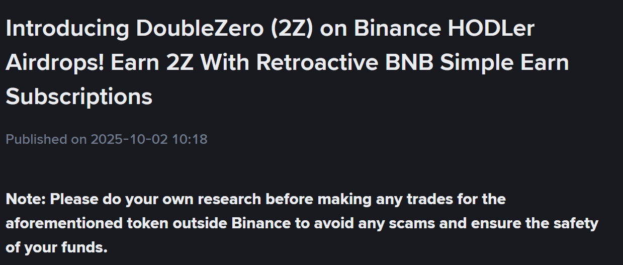 Binance ra mắt dự án mới nhất trên HODLer Airdrops mang tên DoubleZero (2Z) - theo Binance Announcement