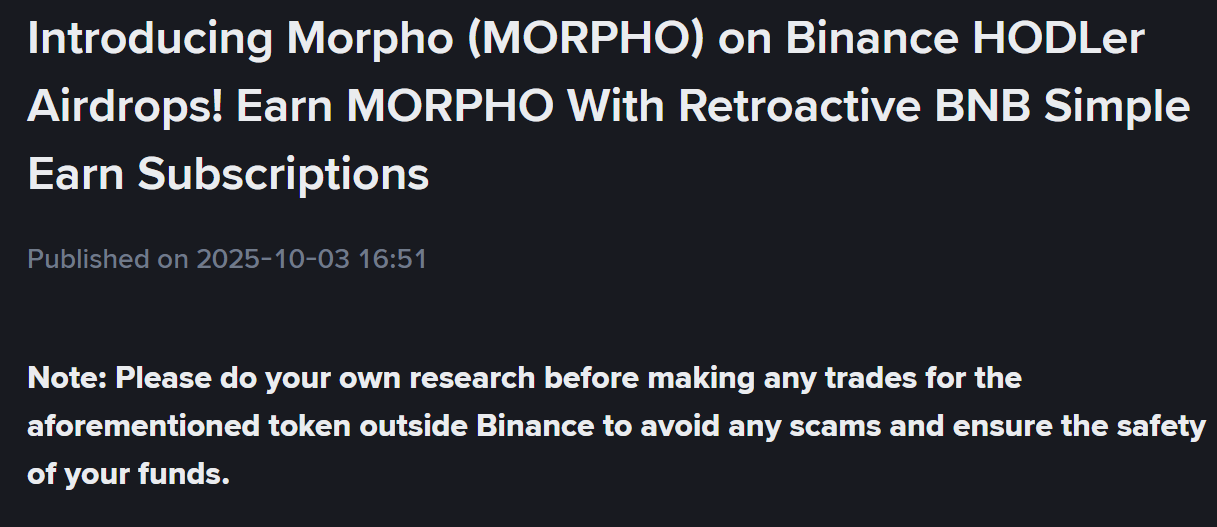Binance thông báo ra mắt dự án HODLer Airdrops số 49 mang tên Morpho (MORPHO) - theo Binance Announcement