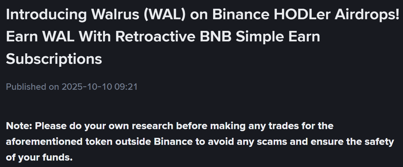 Binance ra mắt dự án HODLer Airdrops số 50 mang tên Walrus (WAL) - theo Binance Announcement