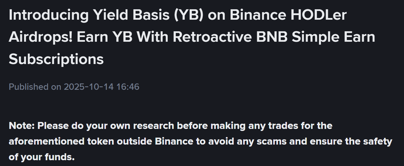 Binance trình làng dự án HODLer Airdrops số 53 mang tên Yield Basis (YB) - theo Binance Announcement