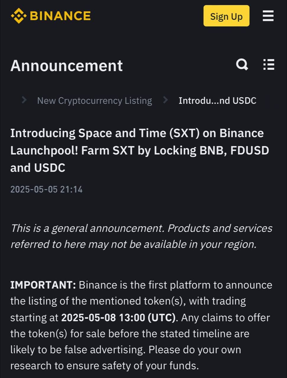 Binance trình làng dự án Launchpool số 69 mang tên Space and Time (SXT) - nguồn: Binance Announcement