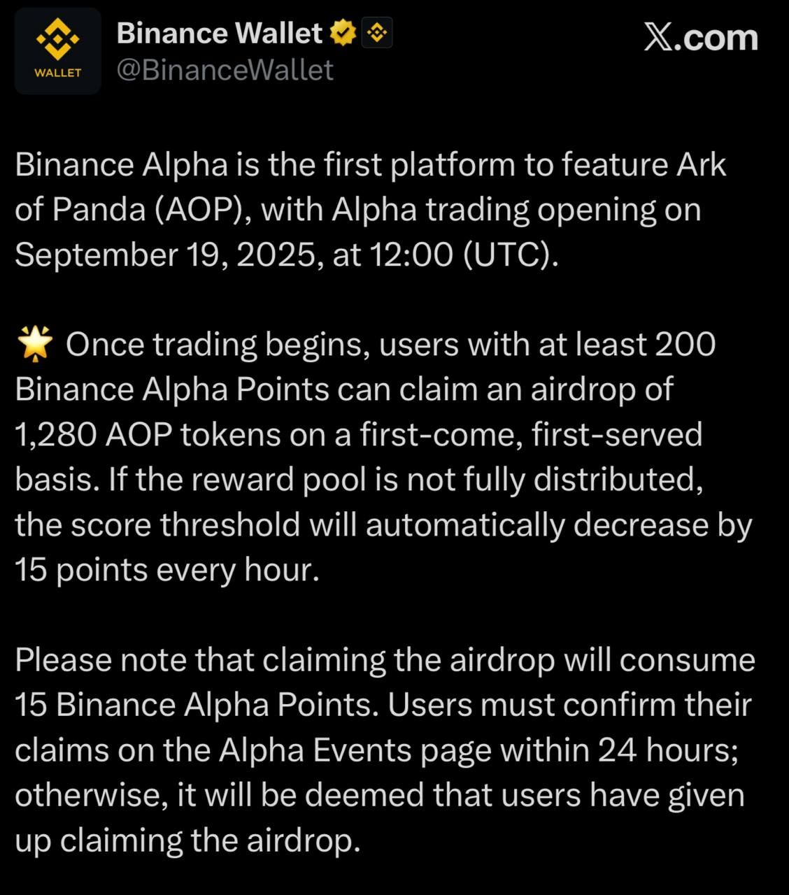 Binance Alpha sẽ airdrop token AOP (Ark of Panda) vào 19 giờ ngày 19/9/2025 - nguồn: X (Twitter)