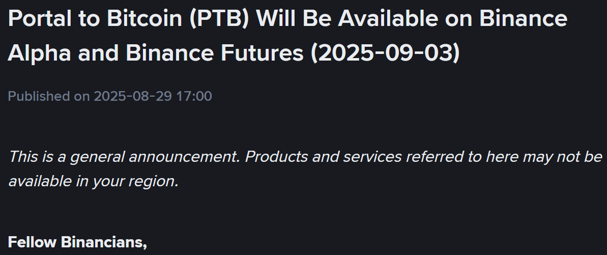 Binance Alpha và Futures đồng loạt công bố niêm yết token PTB (Portal to Bitcoin) vào ngày 3/9/2025 - nguồn: Binance Announcement