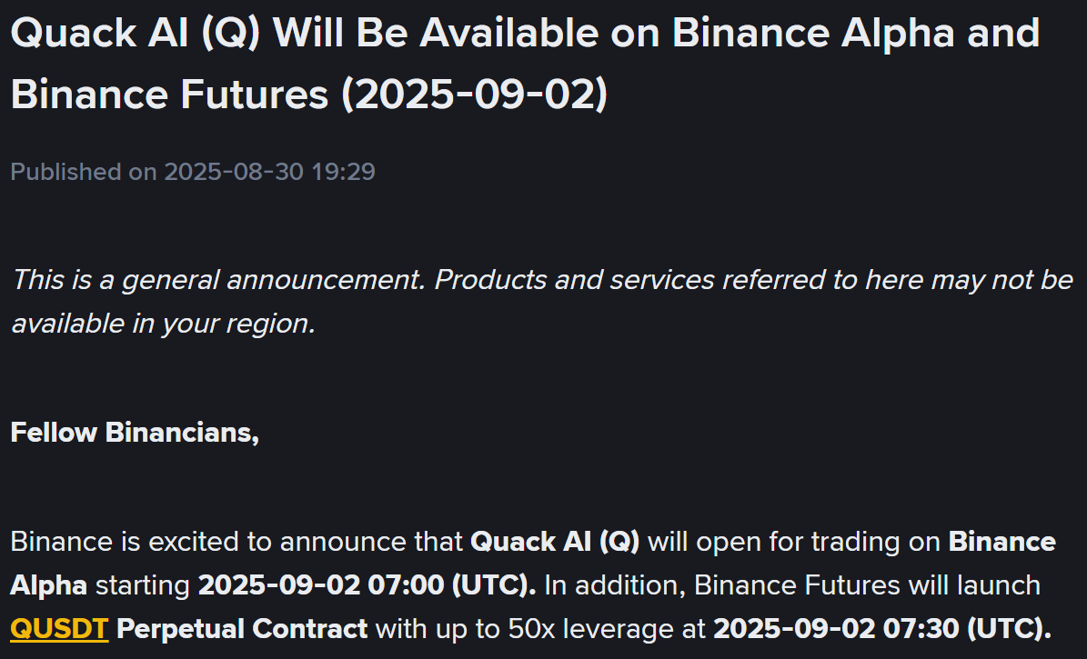 Binance thông báo niêm yết Q (Quack AI) trên cả mục Alpha lẫn Futures vào ngày 2/9 - theo Binance Announcement