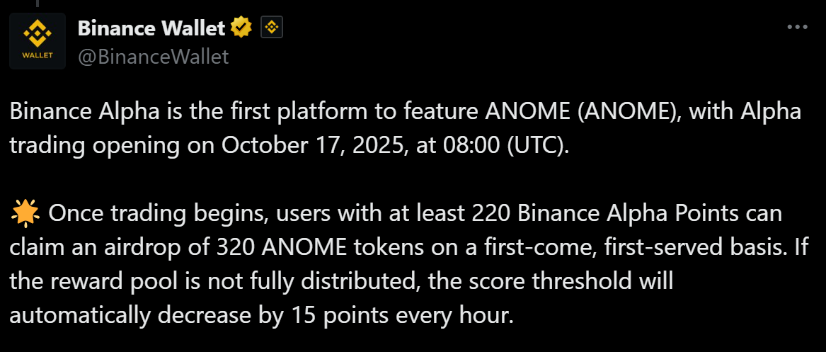 Binance Wallet thông báo ra mắt token ANOME vào ngày 17/10/2025 - nguồn: X (Twitter)