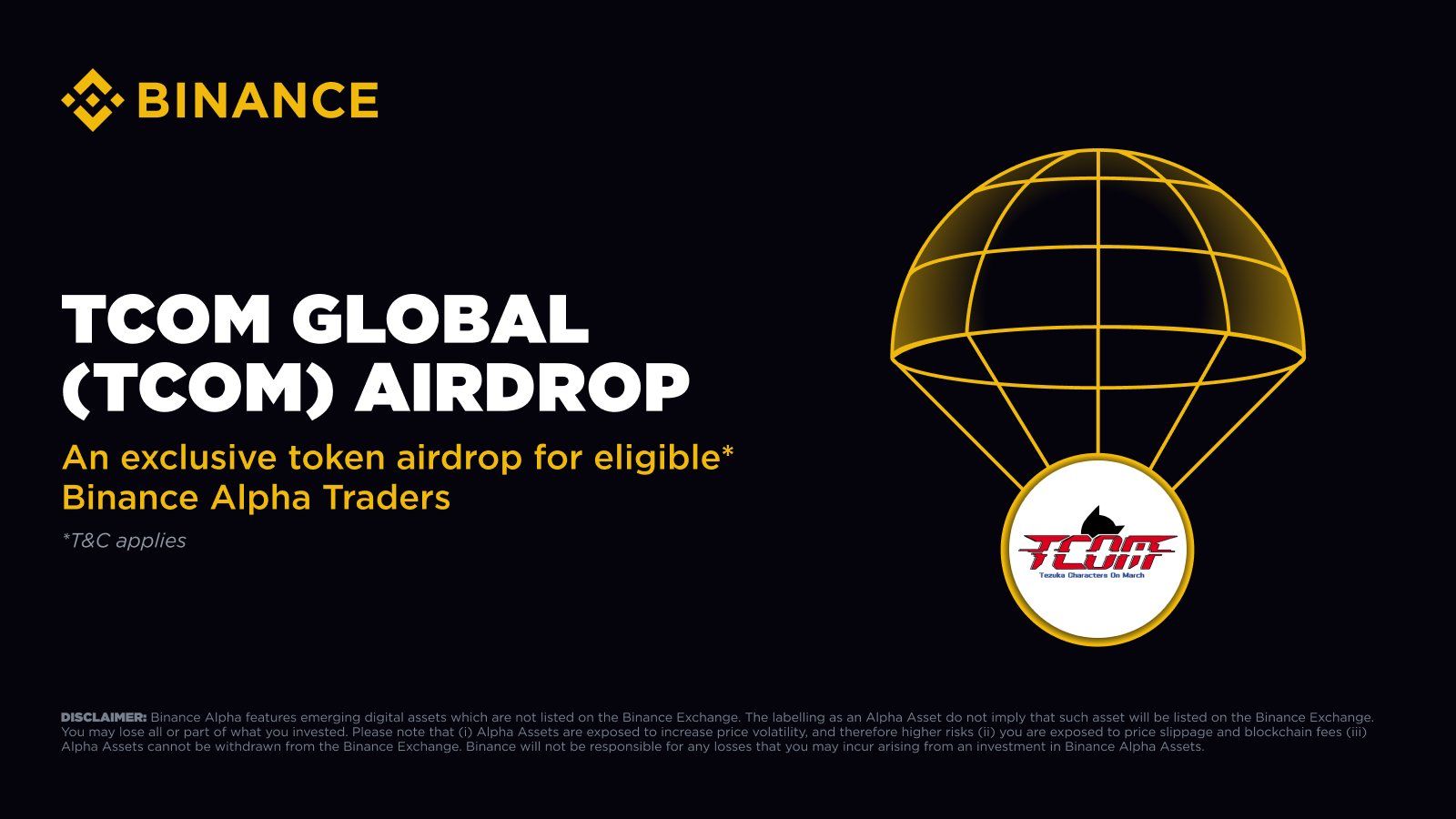 Binance Alpha sẽ airdrop và niêm yết token TCOM (Tcom Global) vào ngày 15/8/2025 - nguồn: X (Twitter)
