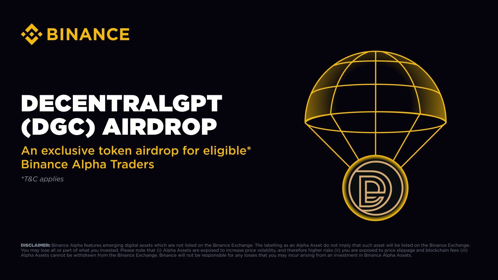 Binance Alpha công bố niêm yết và airdrop token DGC (DecentralGPT) vào ngày 20/8/2025 - nguồn: X (Twitter)