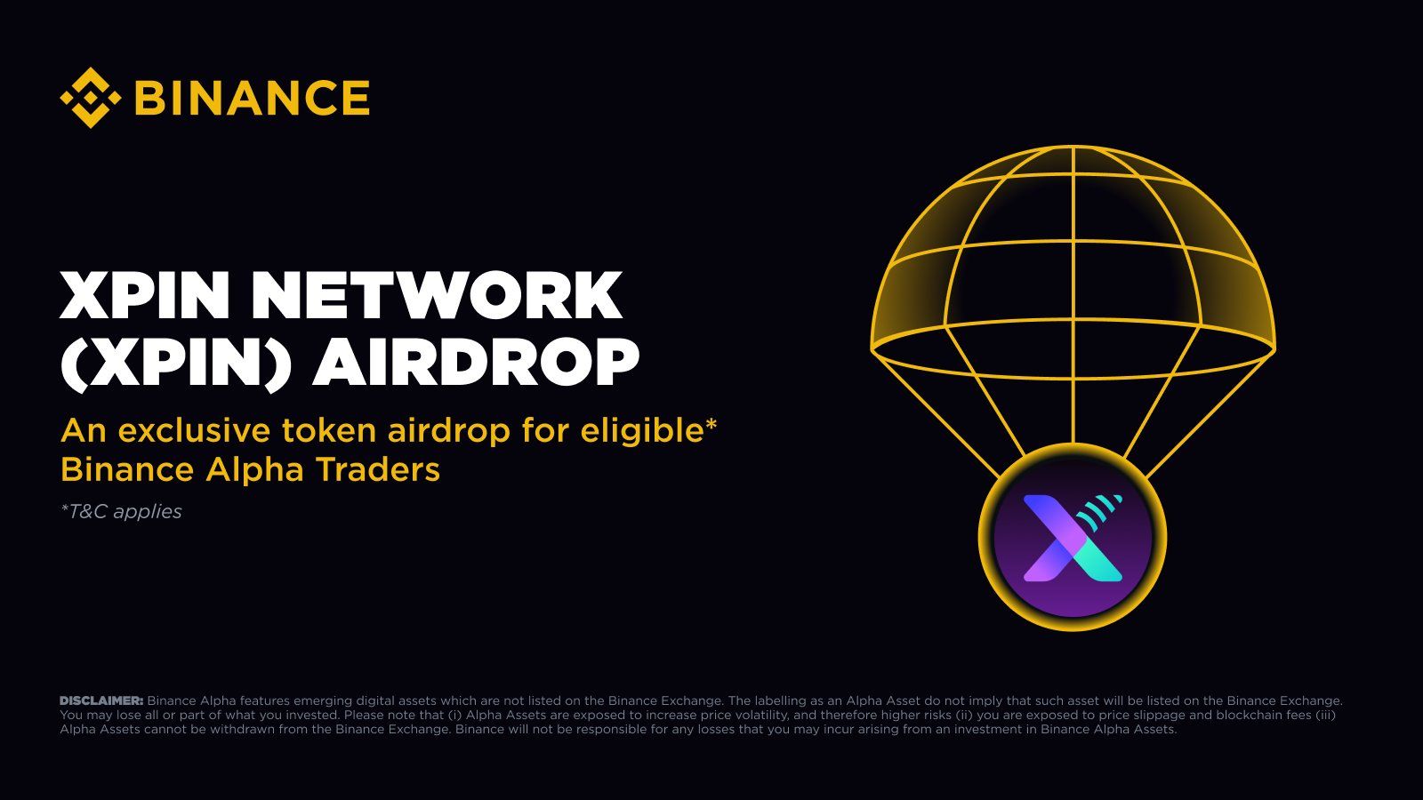 Binance Alpha công bố niêm yết và airdrop token XPIN (XPIN Network) vào ngày 22/8/2025 - nguồn: X (Twitter)