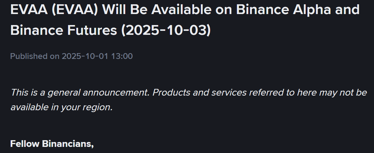 Binance Alpha và Futures đồng loạt thông báo niêm yết token EVAA vào ngày 3/10/2025 - theo Binance Announcement