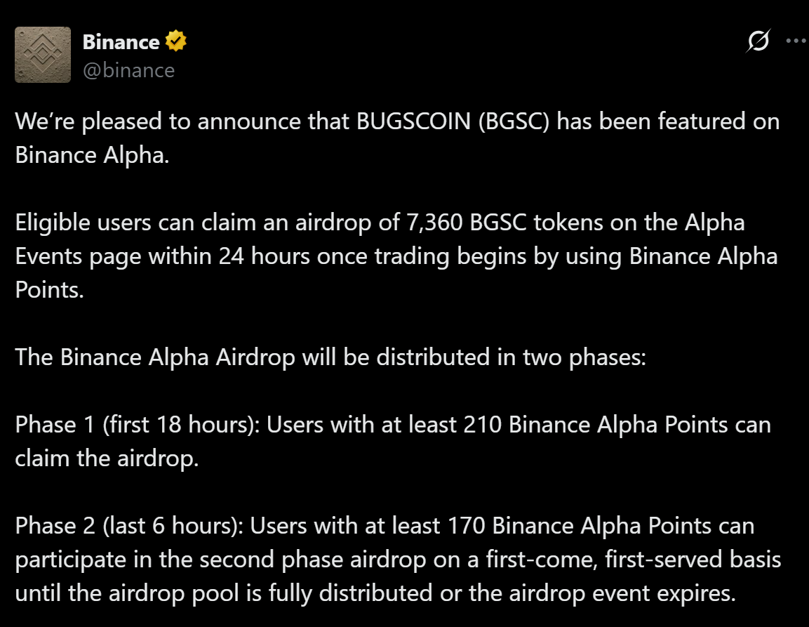 Binance Alpha thông báo kế hoạch niêm yết và airdrop token BGSC (BugsCoin) cho cộng đồng vào ngày 1/7/2025 - nguồn: X (Twitter)