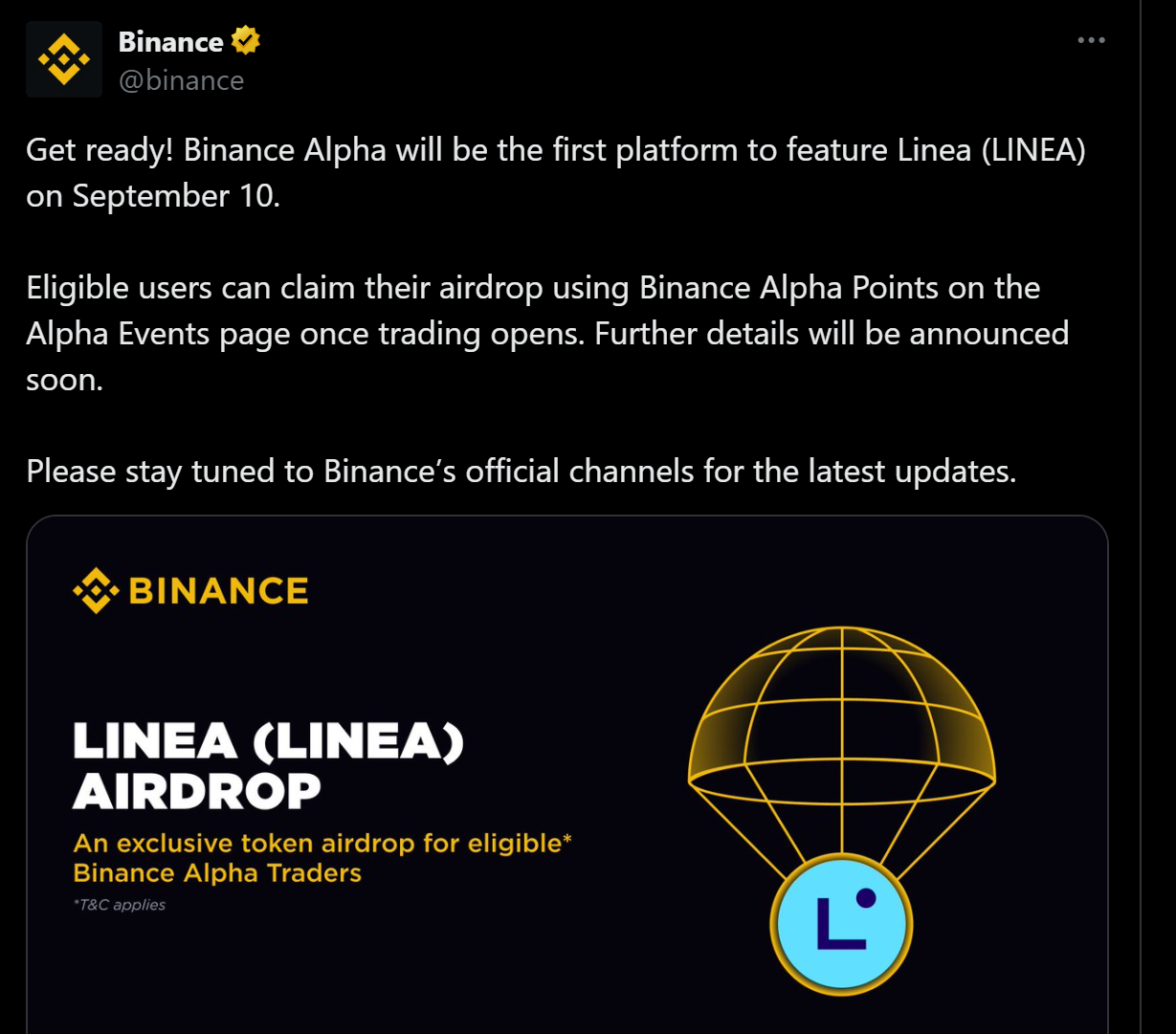 Binance Alpha sẽ niêm yết và airdrop token LINEA (Linea) vào ngày 8/9/2025 - nguồn: X (Twitter)