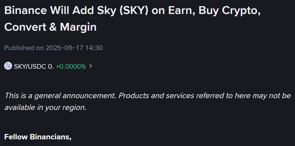 Binance thông báo bổ sung token SKY (Sky) vào mục Earn, Buy Crypto và Margin - nguồn: Binance Announcement