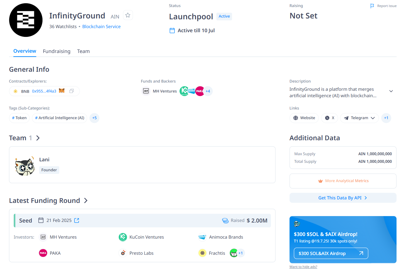 Thông tin về các vòng gọi vốn của Infinity Ground (AIN) kể từ trước đến nay - theo CryptoRank