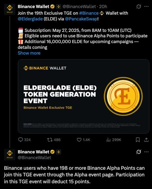 Binance vừa tiến hành sự kiện IDO của Elderglade (ELDE) chiều nay - nguồn: X (Twitter)
