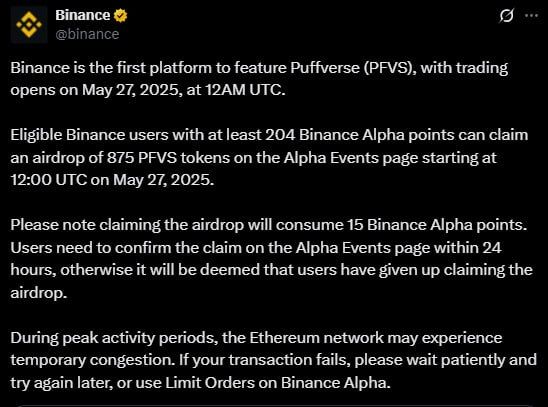 Binance thông báo ngưỡng điểm Alpha Points để claim airdrop PFVS (Puffverse) - nguồn: X (Twitter)