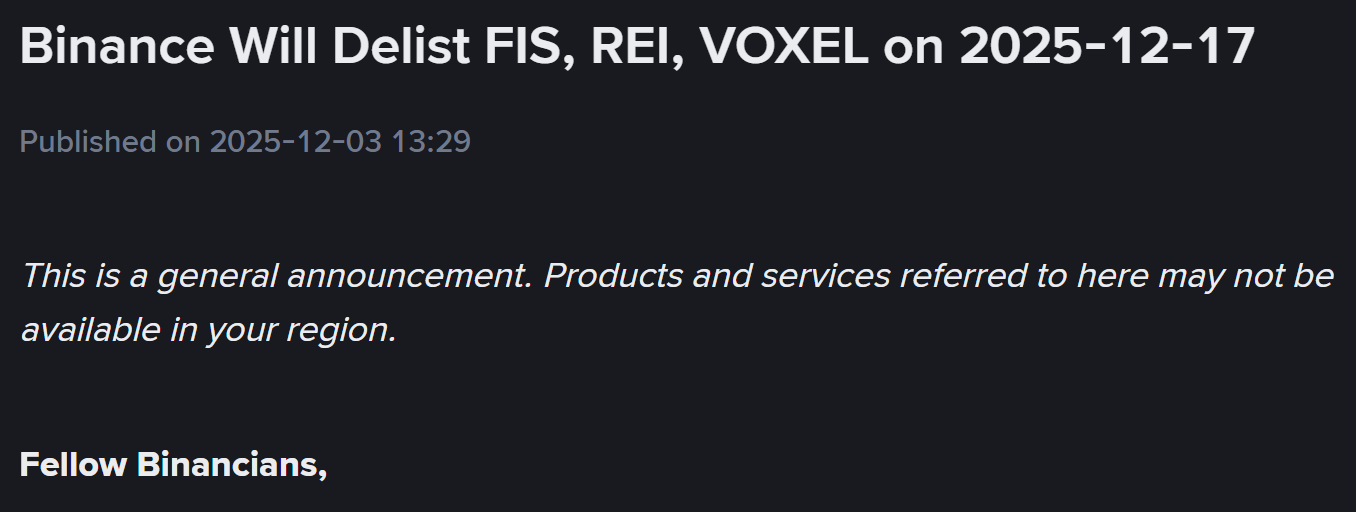 Binance sẽ Delist 3 đồng coin sau ngày 17/12/2025 - nguồn: Binance Announcement