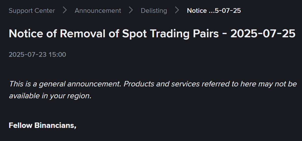 Binance thông báo huỷ niêm yết một số cặp giao dịch vào ngày 25/7/2025 - nguồn: Binance Announcement