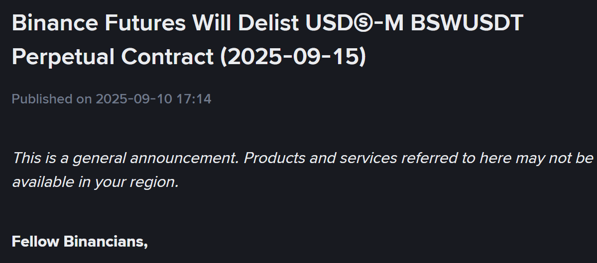 Binance Futures thông báo huỷ niêm yết token BSW vào ngày 15/9/2025 - theo Binance Announcement