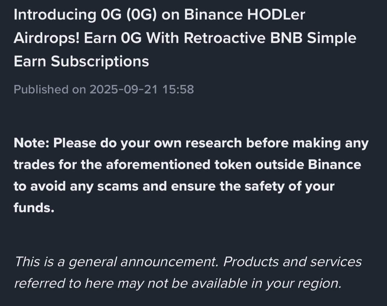 Binance trình làng dự án HODLer Airdrops số 42 mang tên 0G Labs (0G) - theo Binance Announcement