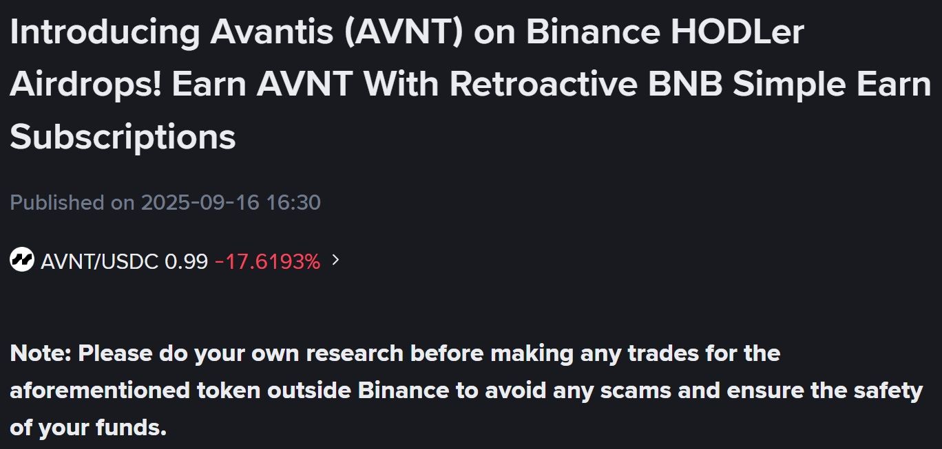 Binance thông báo niêm yết token AVNT (Avantis) vào ngày 16/9/2025 - theo Binance Announcement