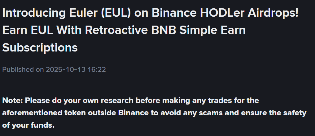 Binance thông báo ra mắt dự án HODLer Airdrops số 51 mang tên Euler (EUL) - theo Binance Announcement