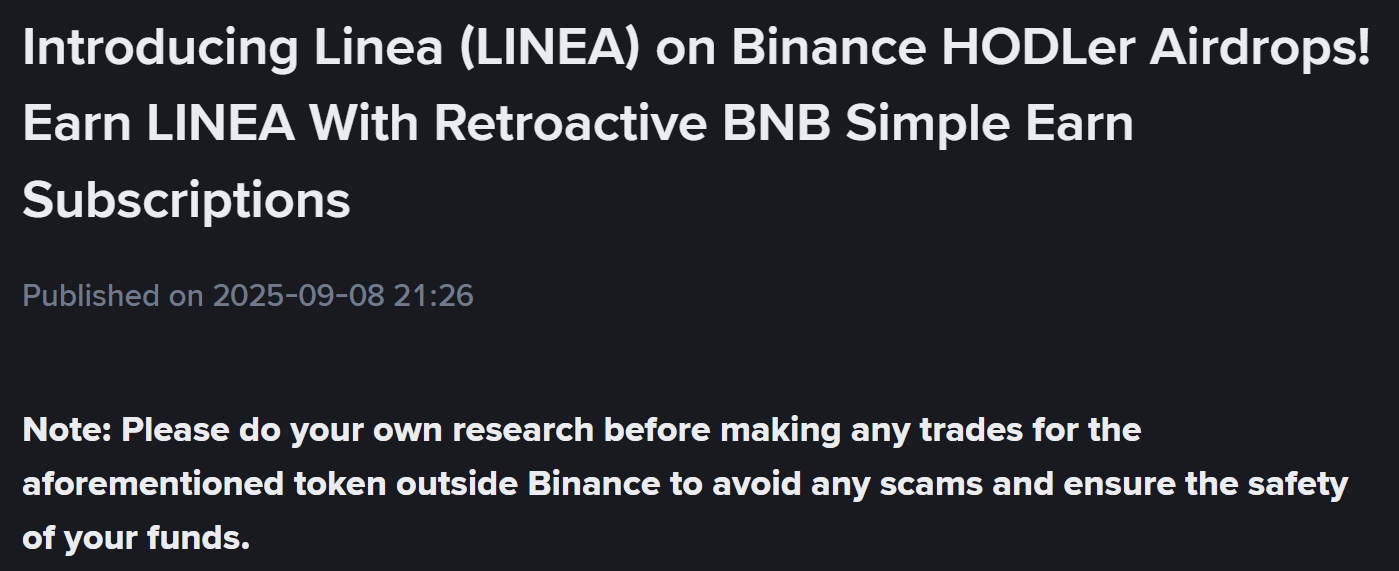 Binance sẽ niêm yết dự án số 37 trên HODLer Airdrops mang tên Linea (LINEA) - nguồn: Binance Announcement