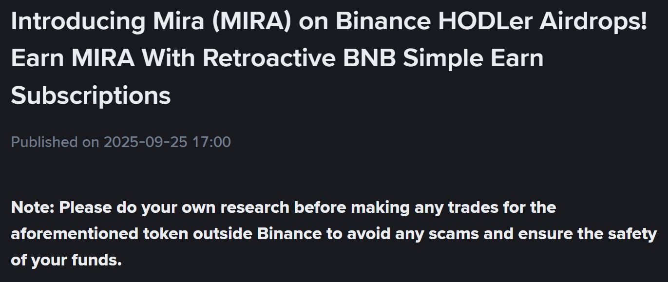 Binance sẽ niêm yết dự án HODLer Airdrops số 45 mang tên Mira (MIRA) - nguồn: Binance Announcement
