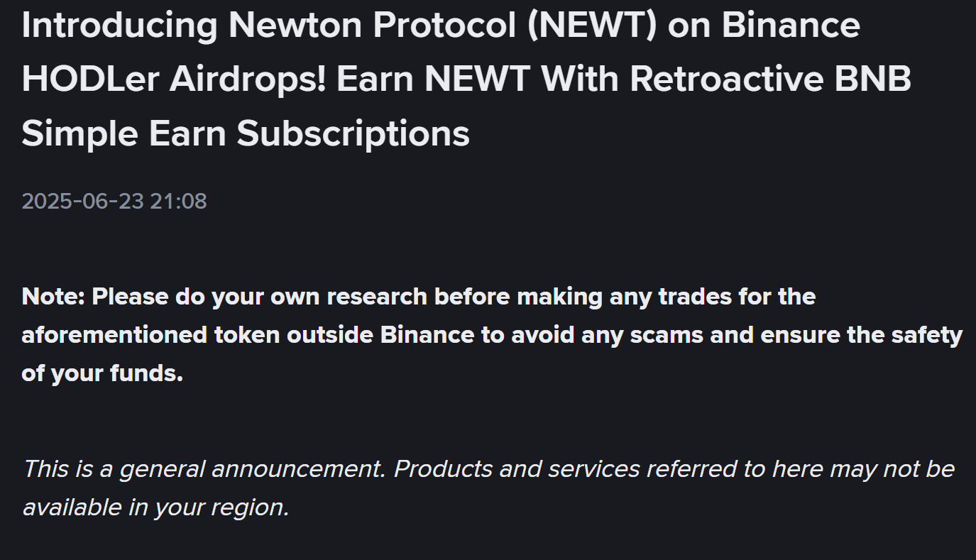 Newton Protocol (NEWT) trở thành dự án thứ 24 trên Binance HODLer Airdrops - nguồn: Binance Announcement
