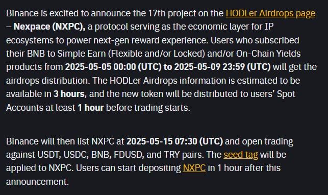 Binance thông báo niêm yết NXPC (Nexpace) - dự án HODLer Airdrops thứ 17