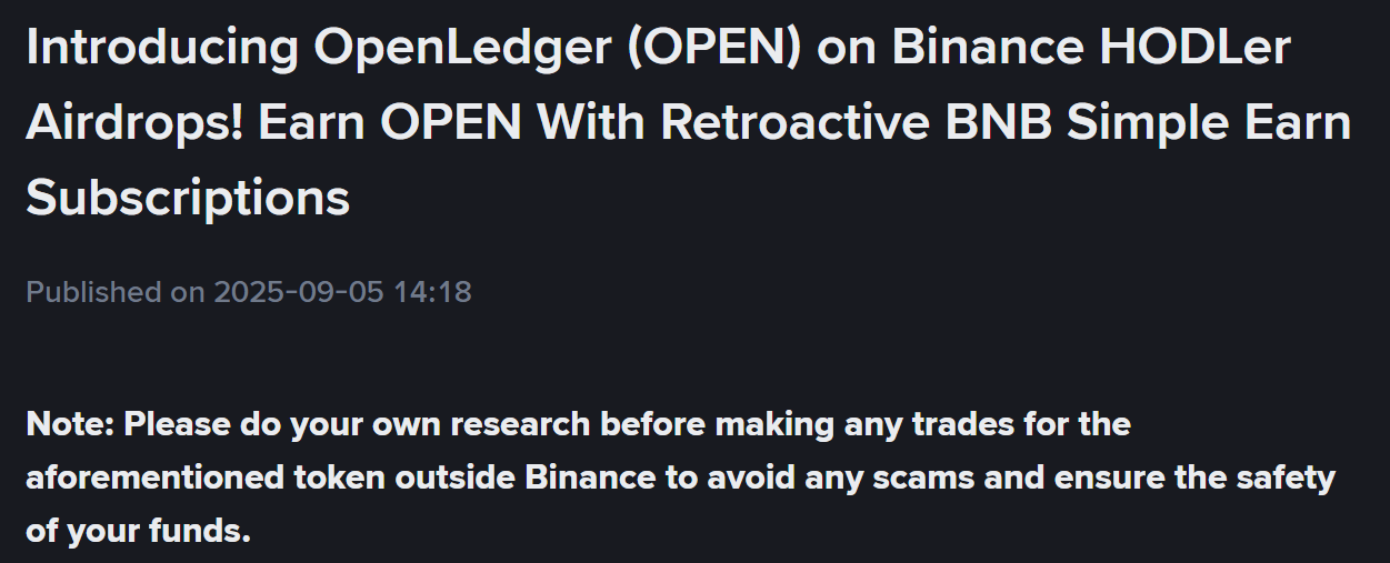 Binance thông báo ra mắt dự án số 36 trên HODLer Airdrops mang tên OpenLedger (OPEN) - nguồn: Binance Announcement