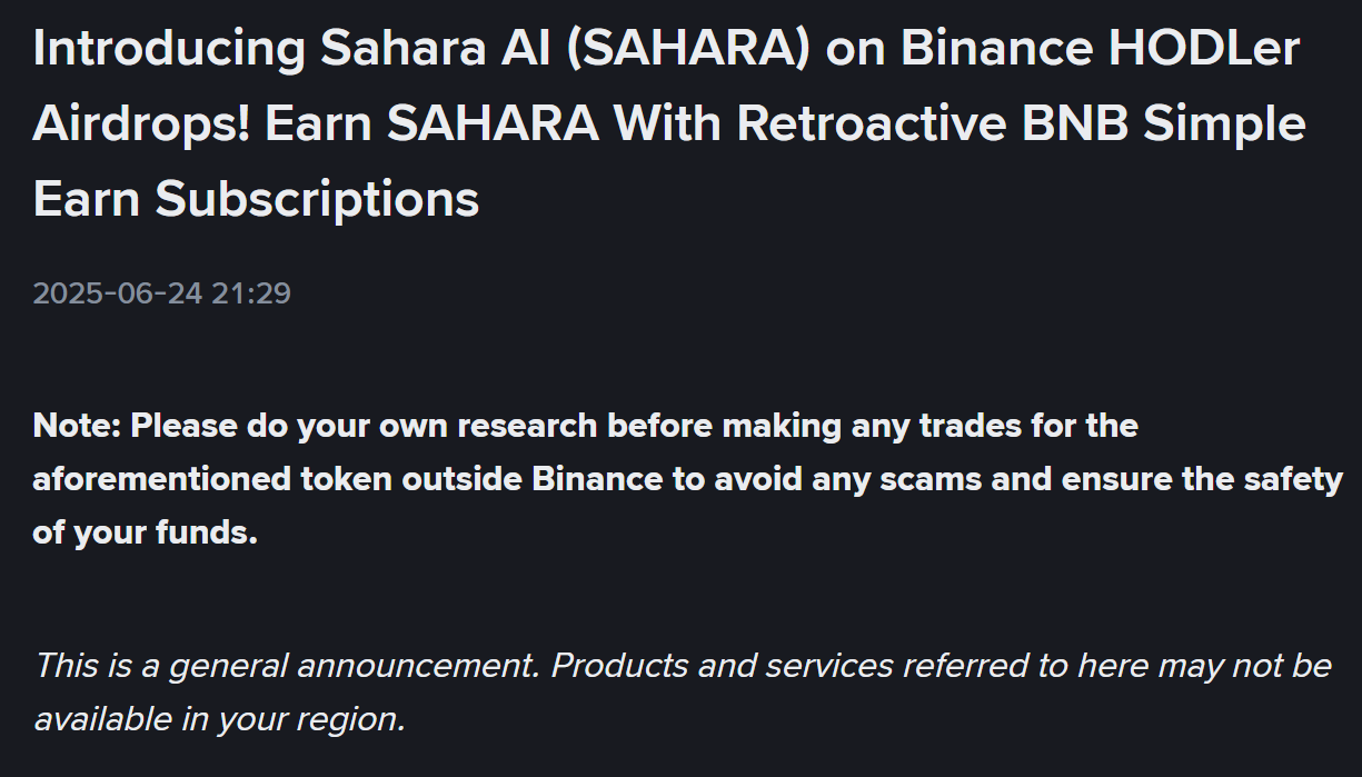 Binance thông báo niêm yết dự án số 25 trên HODLer Airdrops SAHARA (Sahara AI) - nguồn: Binance Announcement