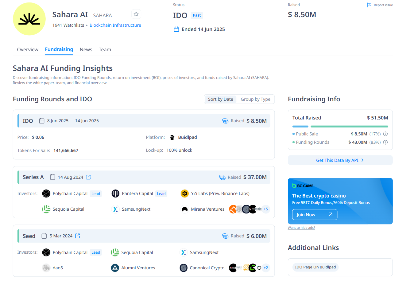 Thông tin về các vòng gọi vốn của Sahara AI (SAHARA) kể từ trước đến nay - theo CryptoRank