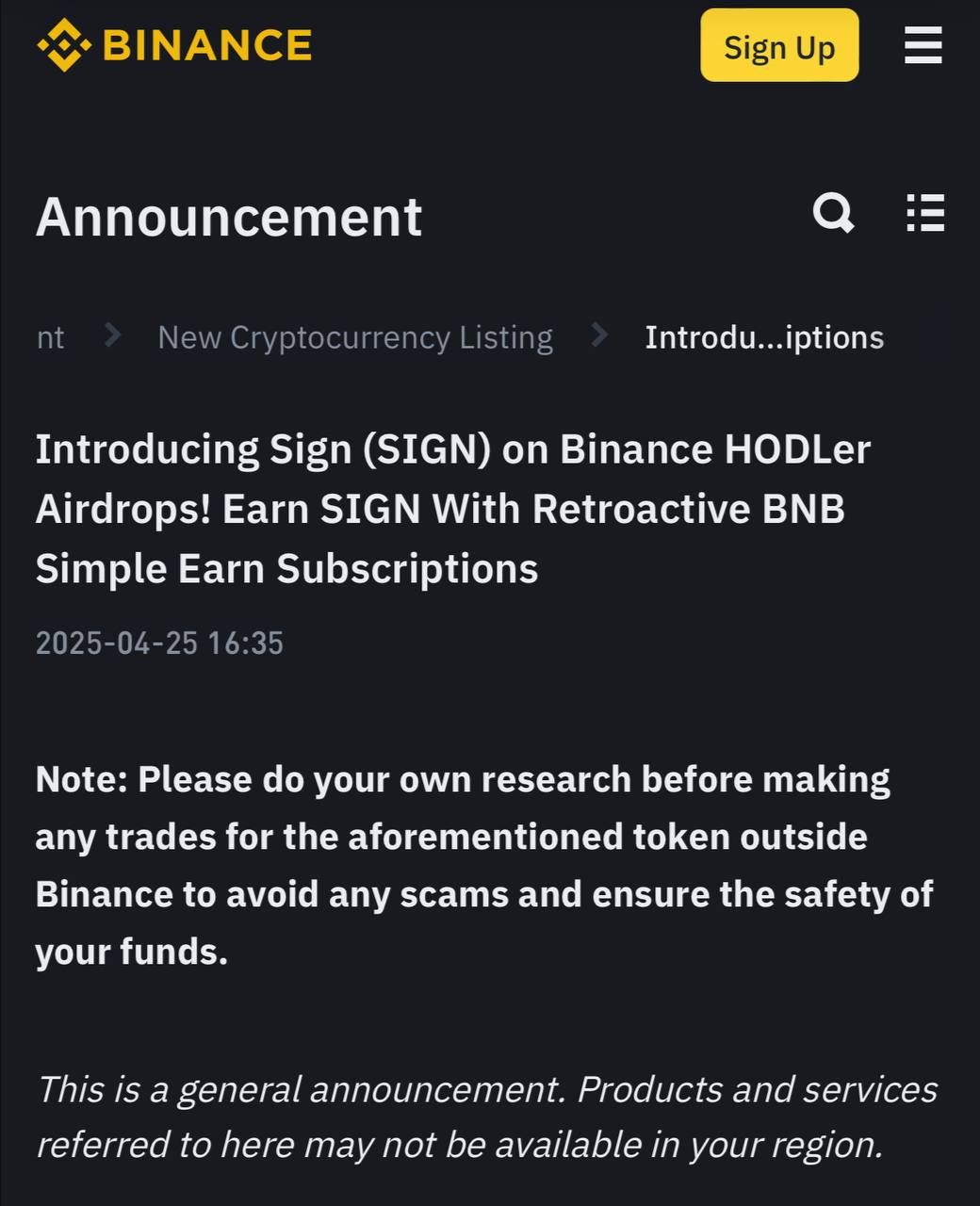 Binance thông báo niêm yết Sign (SIGN) - dự án thứ 16 trên HODLer Airdrops