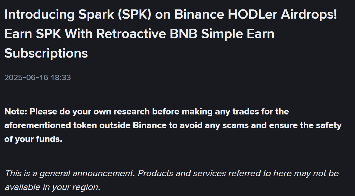 Binance thông báo ra mắt dự án số 23 trên HODLer Airdrops mang tên Spark (SPK) - theo Binance Announcement
