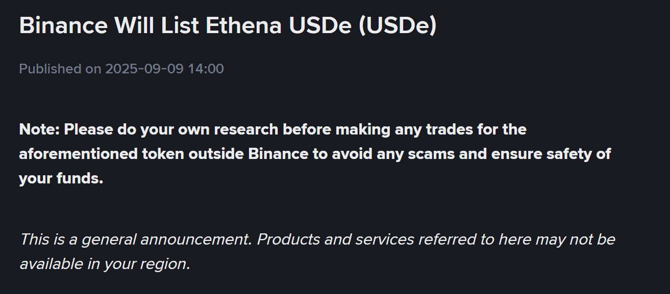 Binance công bố niêm yết stablecoin USDe vào ngày 9/9/2025 - nguồn: Binance Announcement
