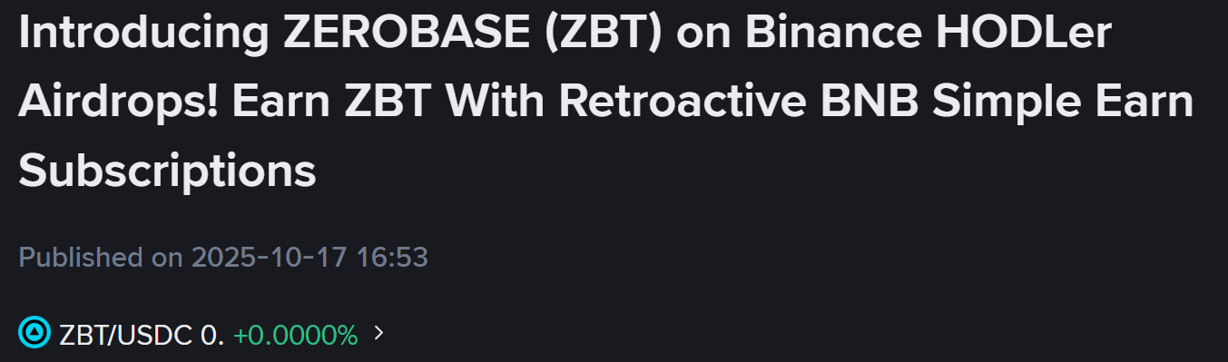 Binance thông báo ra mắt dự án số 54 trên HODLer Airdrops mang tên ZEROBASE (ZBT) - theo Binance Announcement
