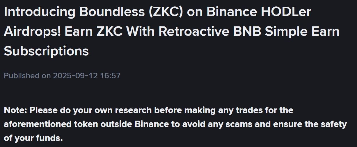 Binance thông báo niêm yết token ZKC (Boundless) vào ngày 15/9/2025 - theo Binance Announcement