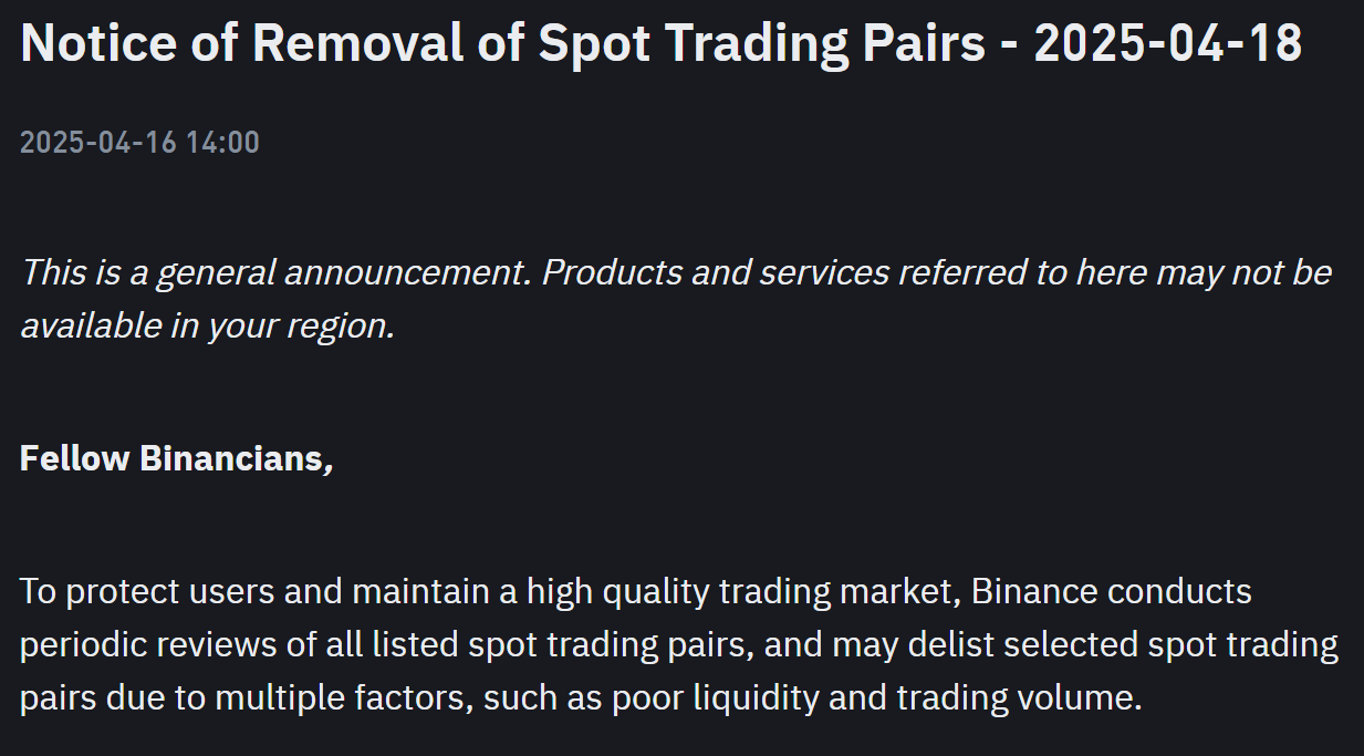 Binance thông báo huỷ niêm yết hàng loạt cặp giao dịch Spot trong ngày 18/04/2025 - nguồn: Binance Announcement