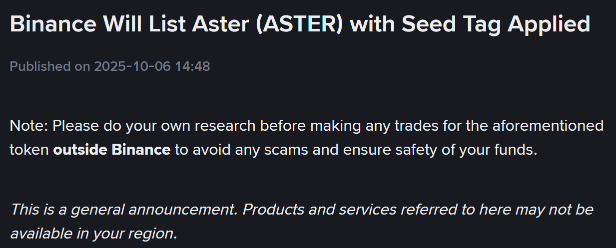 Binance sẽ niêm yết token ASTER (Aster) và áp dụng Seed Tag - theo Binance Announcement